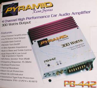 Intermedio Burlas Ups Pyramid PB442 4-Channel 300 Watt Mobile Car Power Amplifier for sale dealer  and supplier, for car stereo, only $34.95